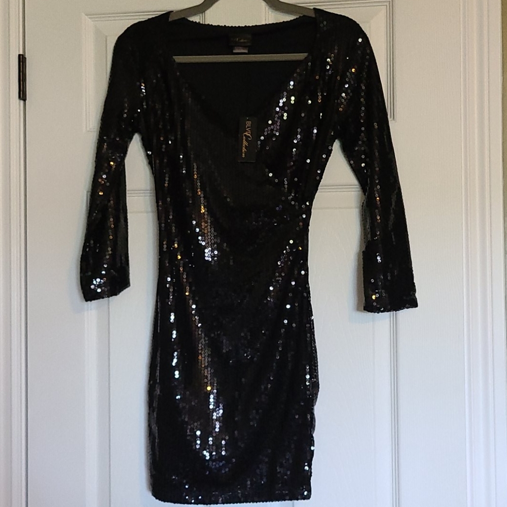 Jet black all Sequins 3/4 sleeve mini, XS